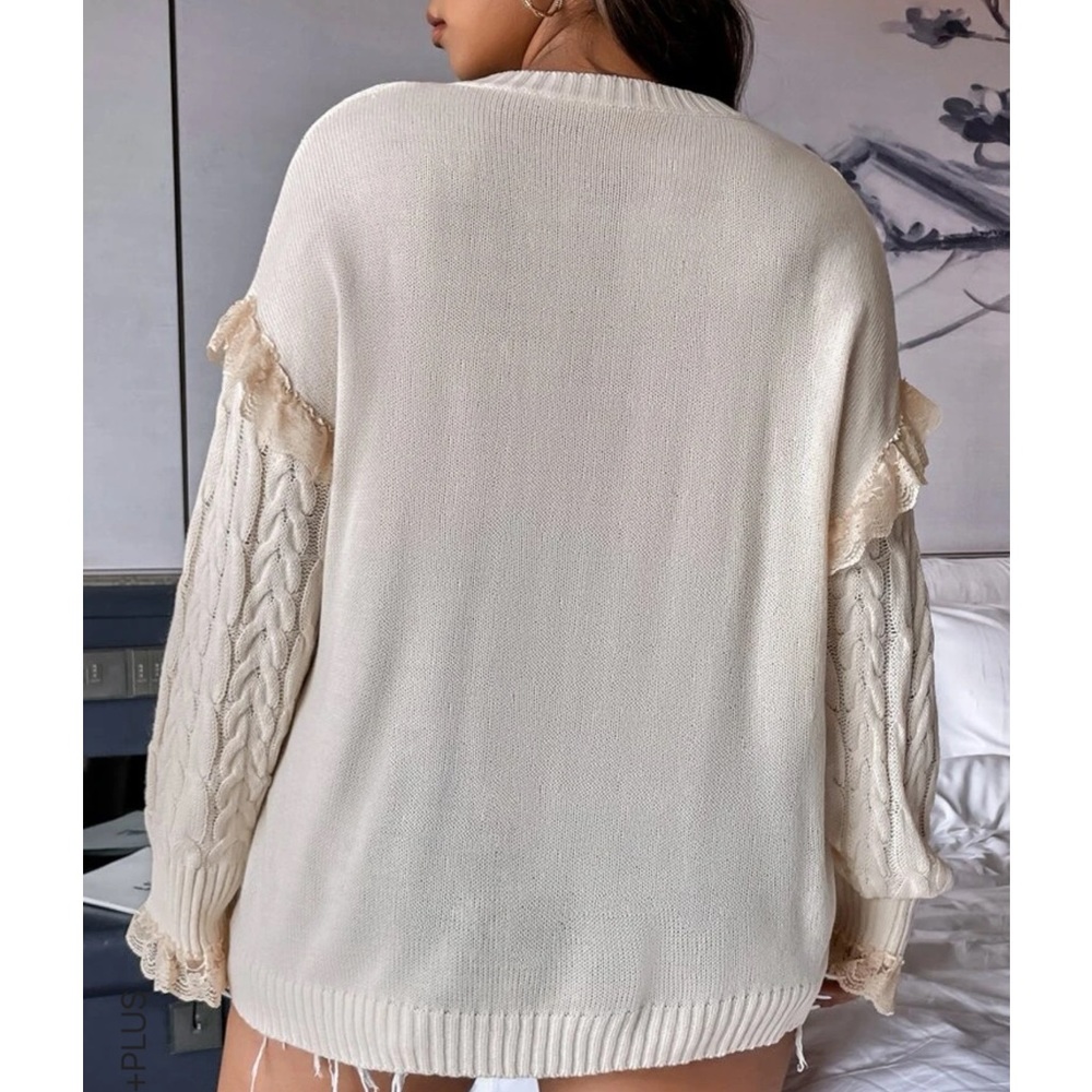 Beautiful woman knit 🧶 lace trim drop shoulder sweater material acrylic - Picture 2 of 7